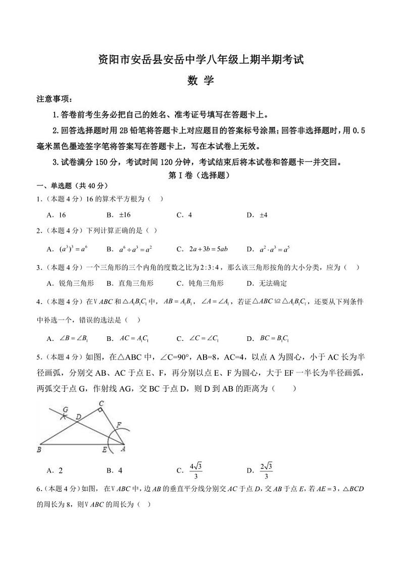 2024—2025四川省资阳市安岳中学学年八年级(上)期中数学试卷(含答案)第1页