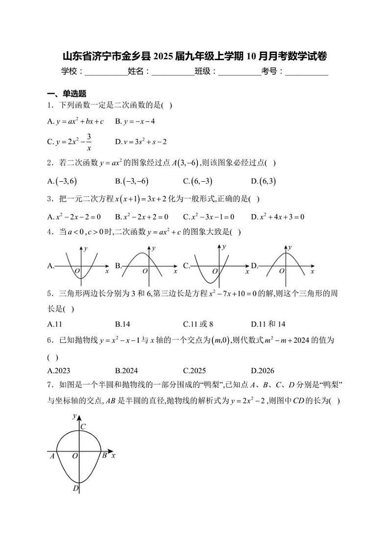 2025届山东省济宁市金乡县九年级(上)10月月考数学试卷(含解析)第1页