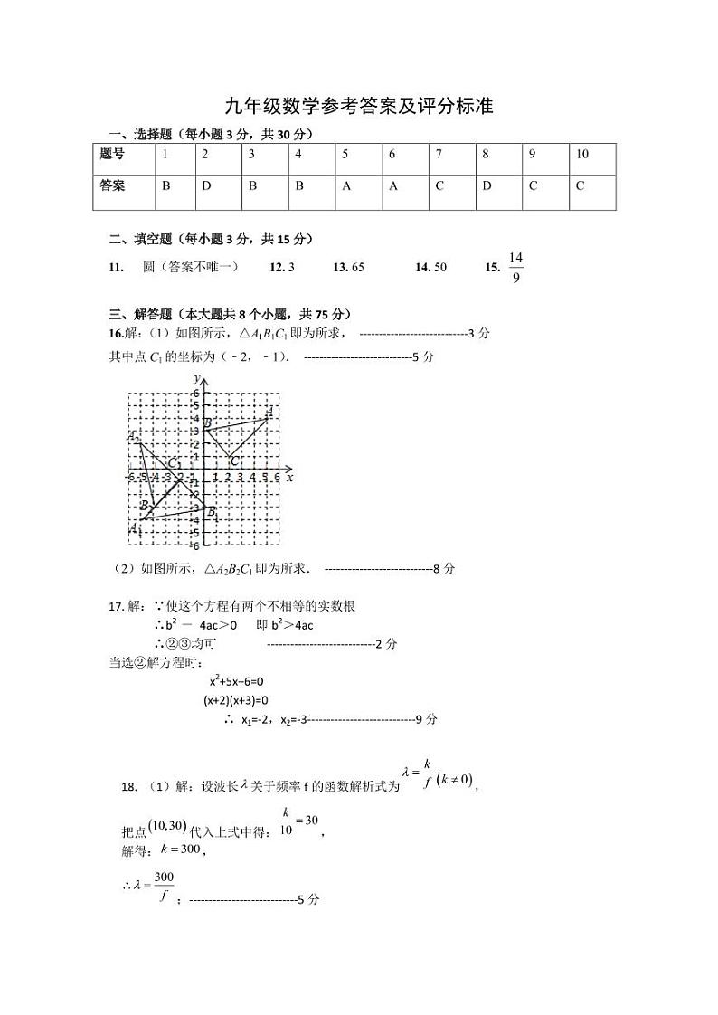 九年级数学答案第1页