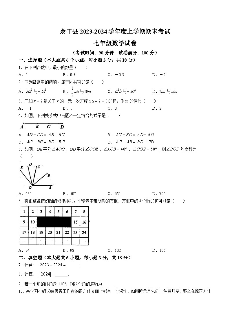 江西省上饶市余干县2023-2024学年七年级上学期期末数学试题(无答案)第1页