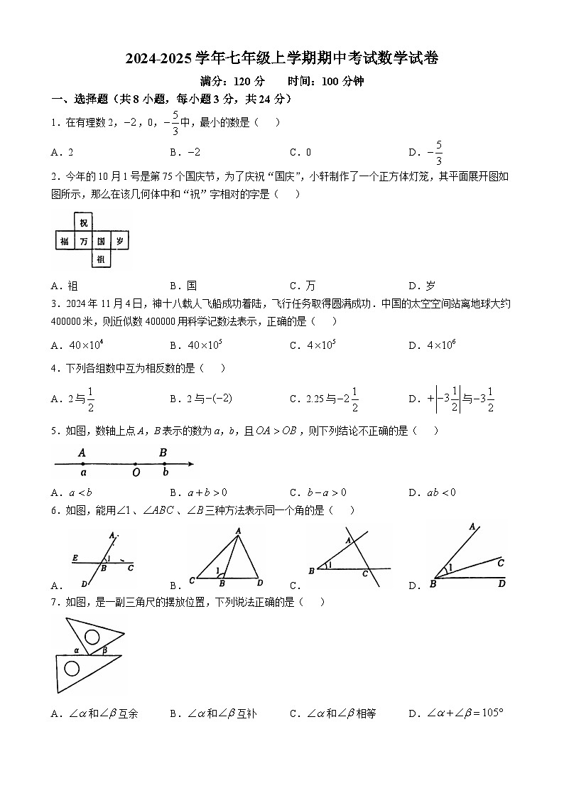 吉林省长春市力旺实验初级中学2024--2025学年七年级上学期期中考试数学试卷(无答案)第1页