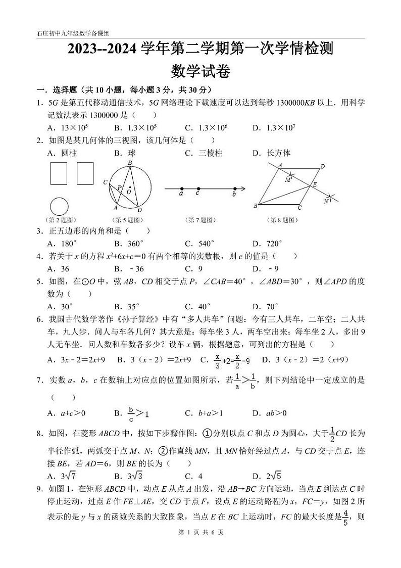 江苏省南通市如皋市石庄镇初级中学2023-2024学年九年级下学期第一次阶段性数学试题第1页