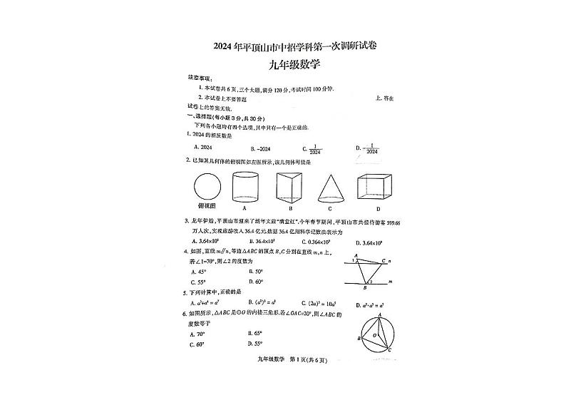 河南省平顶山市2024年中考一模数学试卷第1页
