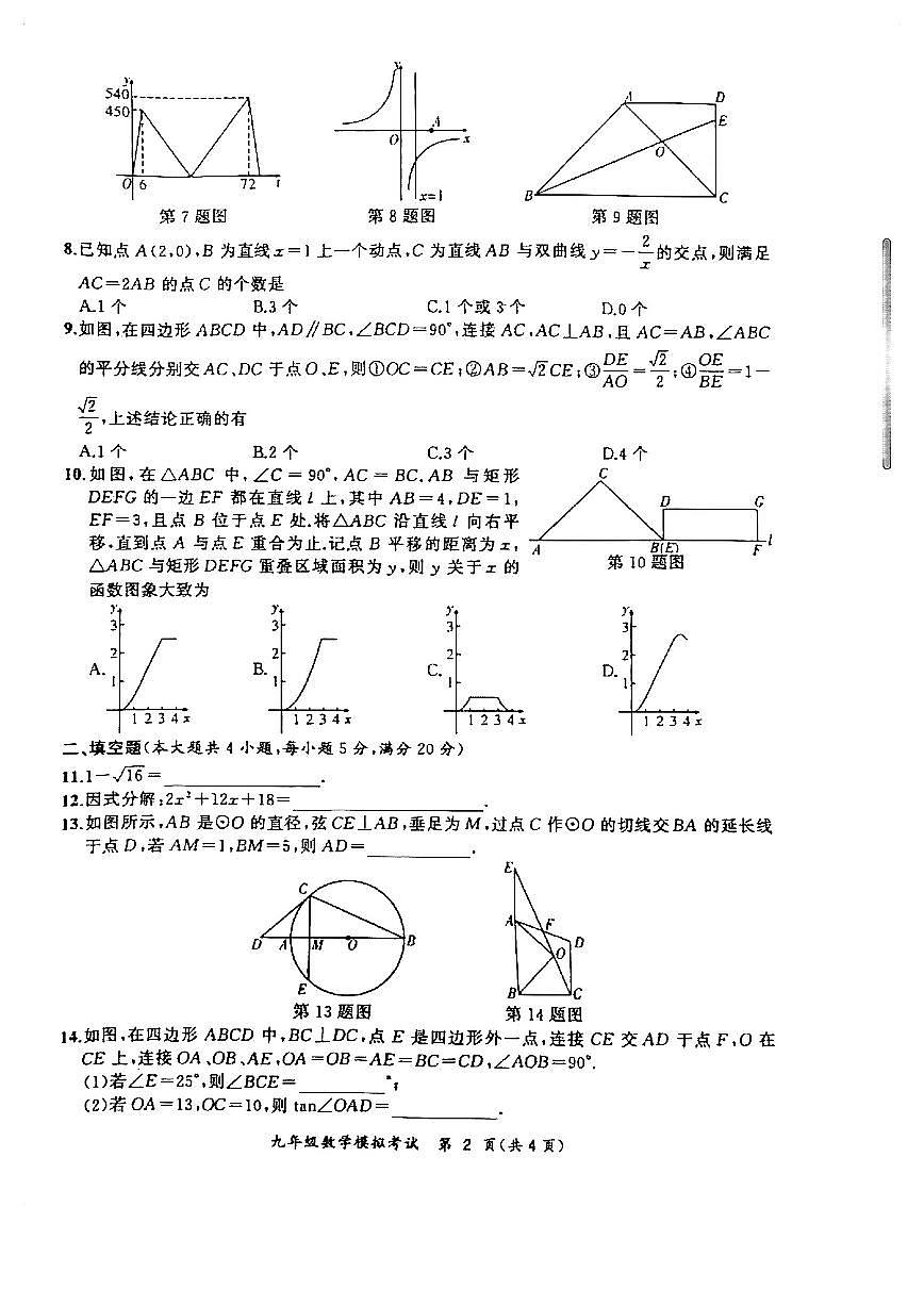 2024合肥瑶海区数学中考一模试卷第2页