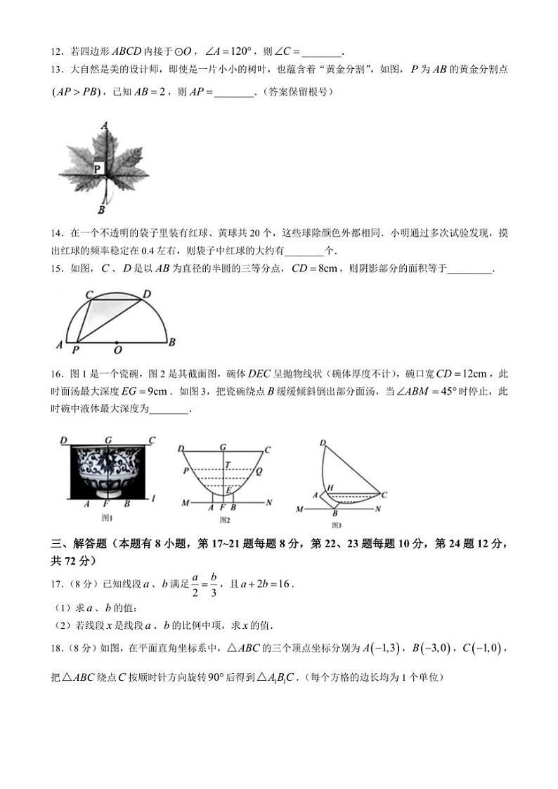 2024～2025学年浙江省舟山市五校联考九年级(上)期中学科素养监测数学试卷(含答案)第3页