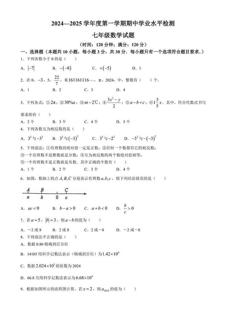 2024～2025学年山东省聊城市东昌府区七年级(上)期中数学试卷(含答案)第1页