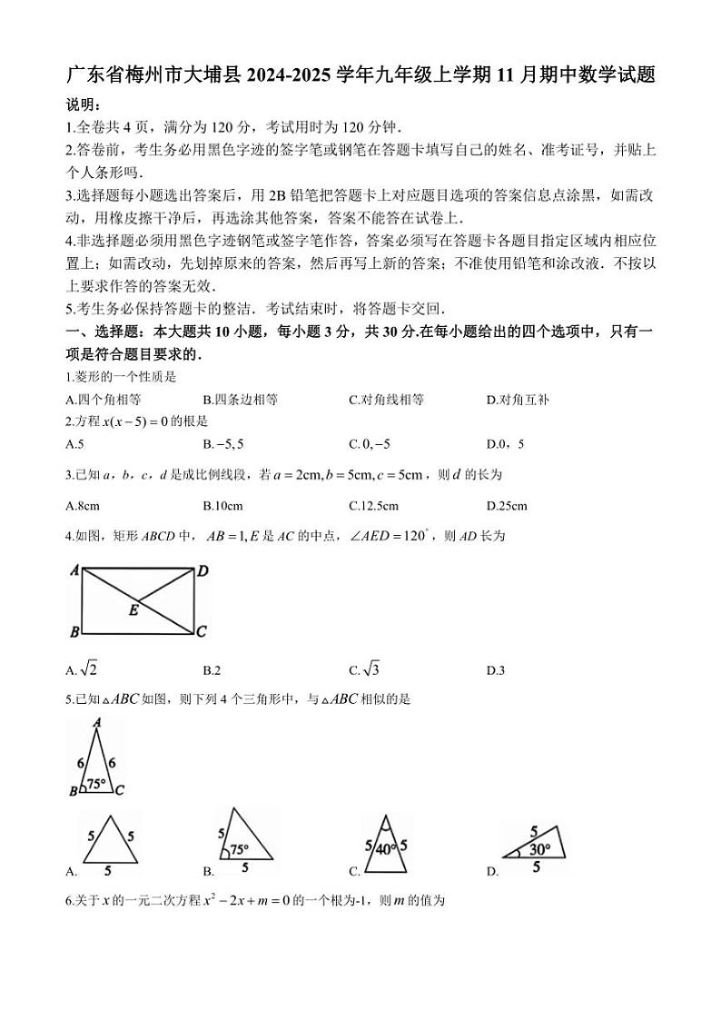 广东省梅州市大埔县2024～2025学年九年级(上)期中数学试卷(含答案)第1页