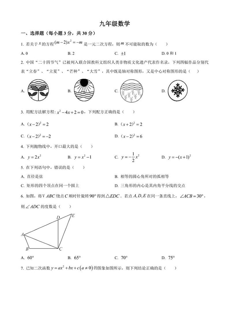 河南省漯河市郾城区2024～2025学年九年级(上)期中数学试卷(含答案)第1页