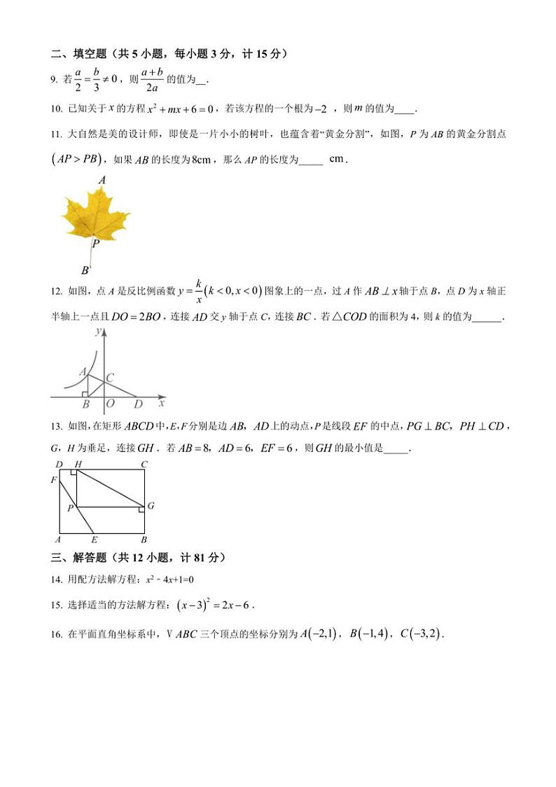 陕西省西安市曲江第一中学2024～2025学年九年级(上)期中数学试卷(含答案)第3页