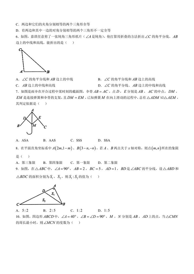 河南省驻马店市确山县2024～2025学年八年级(上)期中数学试卷(含答案)第2页