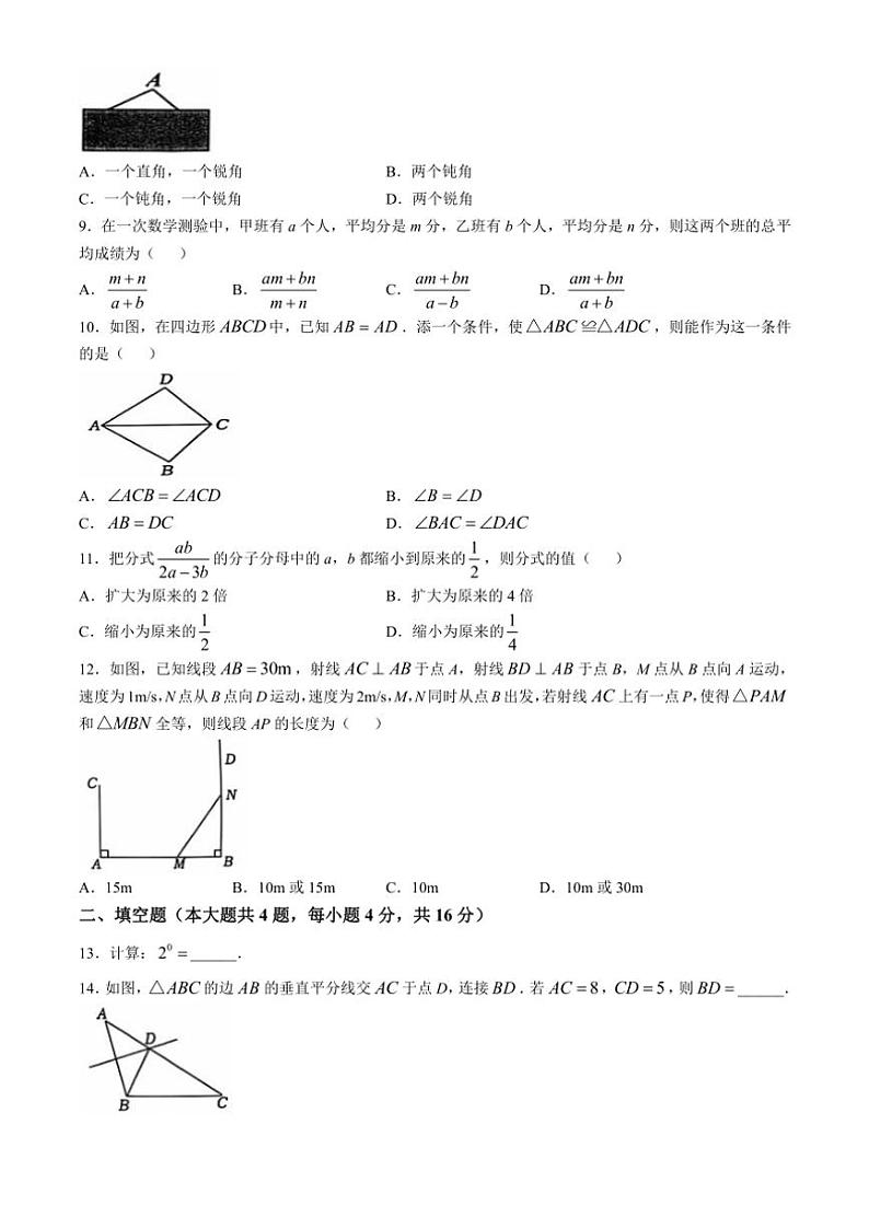 贵州省铜仁市碧江区2024～2025学年八年级(上)期中数学试卷(含答案)第2页