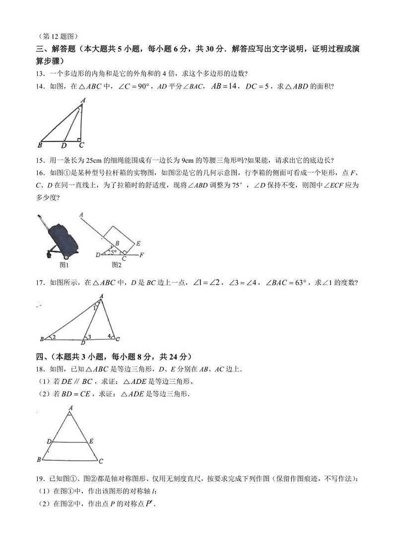 江西省南昌市第二十八中学2024～2025学年八年级(上)期中检测数学试卷(含答案)第3页