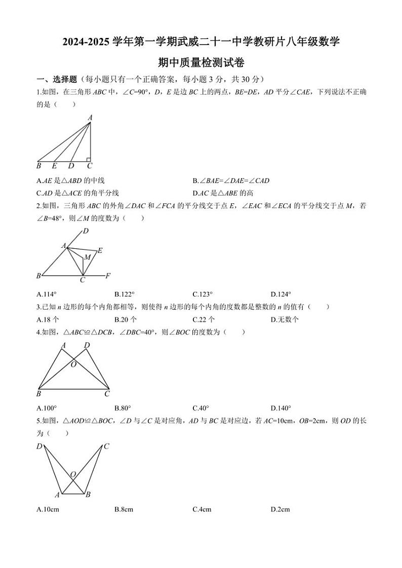 甘肃省武威二十一中学教研片2024～2025学年八年级(上)期中质量检测数学试卷(含答案)第1页