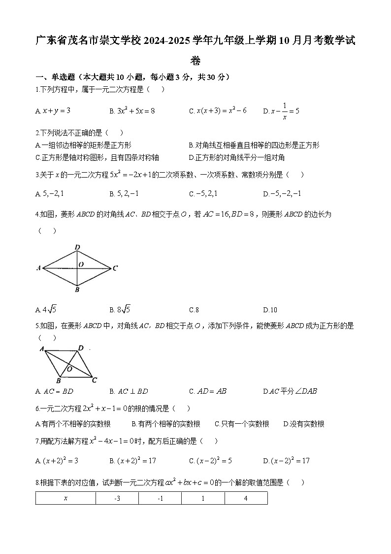 广东省茂名市崇文学校2024-2025学年九年级上学期10月月考数学试卷(无答案)第1页
