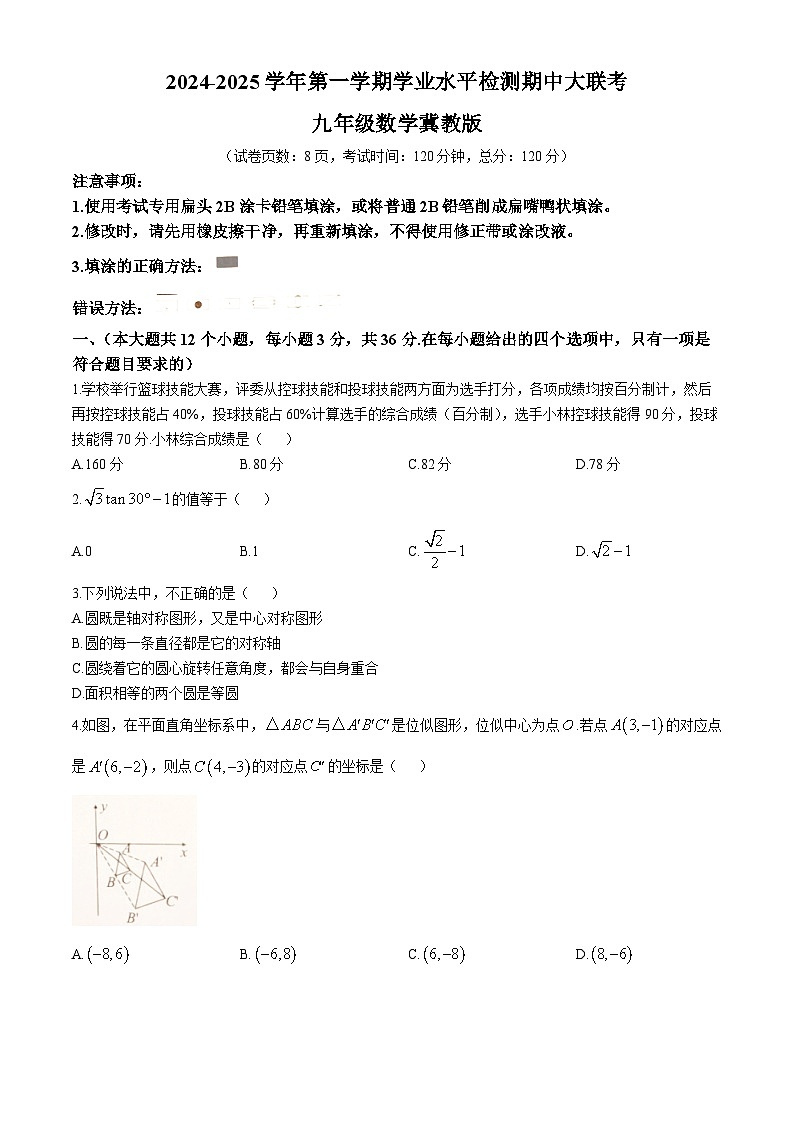 河北沧州市沧县2024—2025学年上学期九年级期中数学试卷 (无答案)第1页