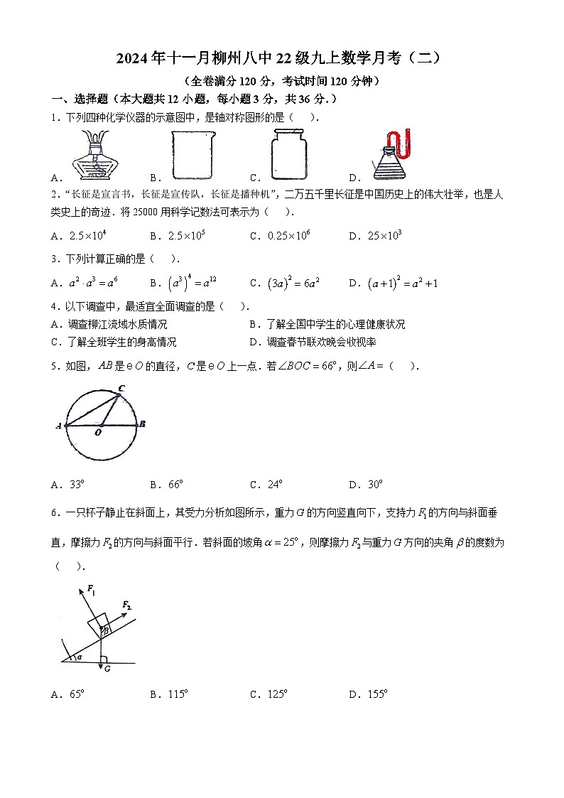 广西壮族自治区柳州市第八中学2024-2025学年上学期11月月考九年级数学试卷(无答案)第1页