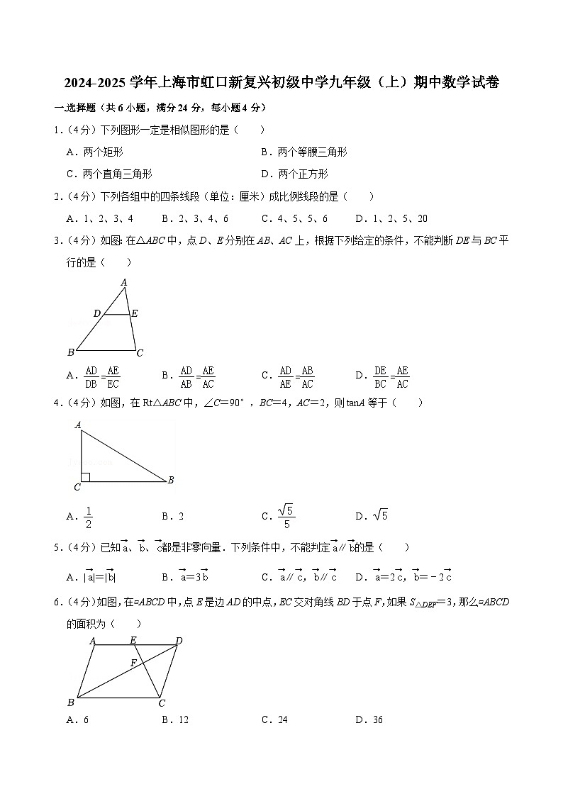 上海市虹口区新复兴中学2024—2025学年上学期期中考试九年级数学试卷第1页