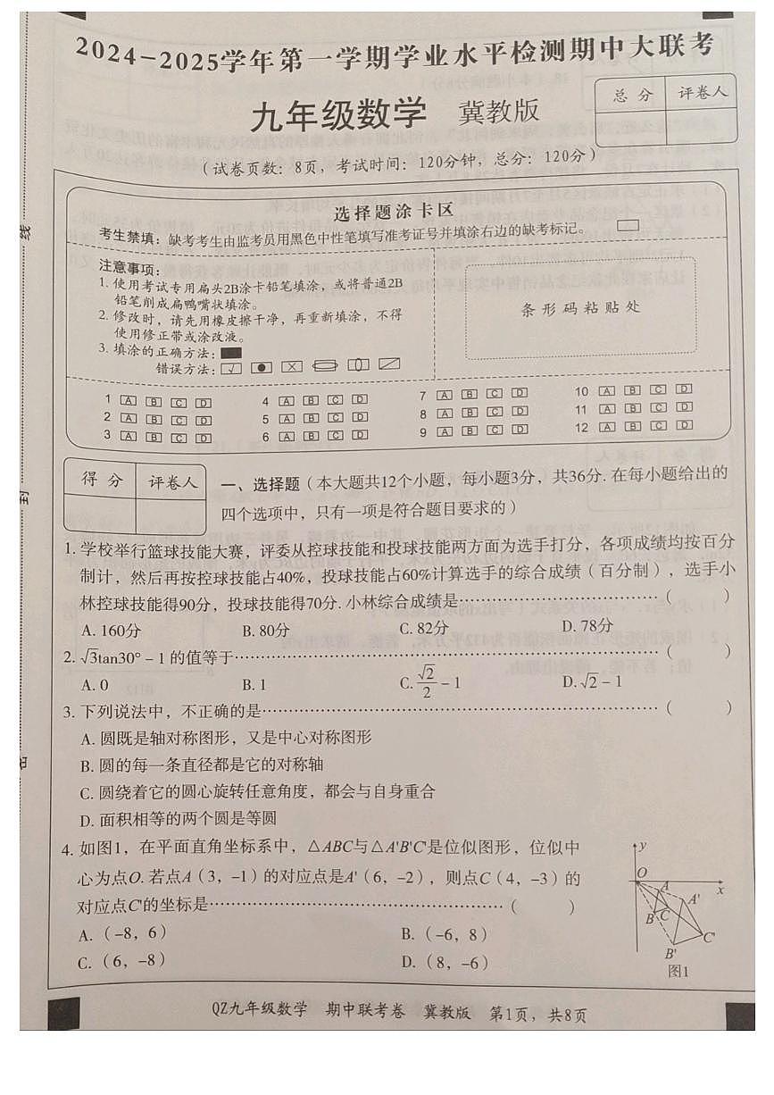 河北沧州市沧县2024—2025学年上学期九年级期中数学试卷+第1页