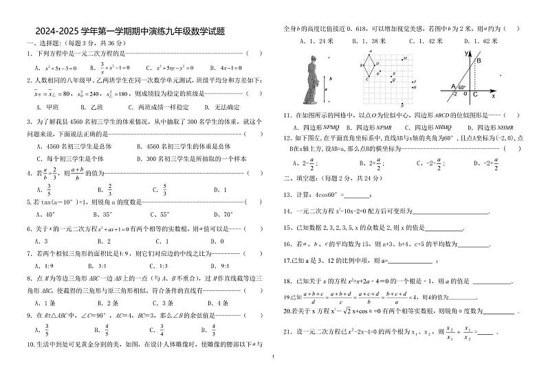 河北省秦皇岛市+青龙满族自治县私立阳光学校2024-2025学年九年级上学期10月月考数学试题第1页