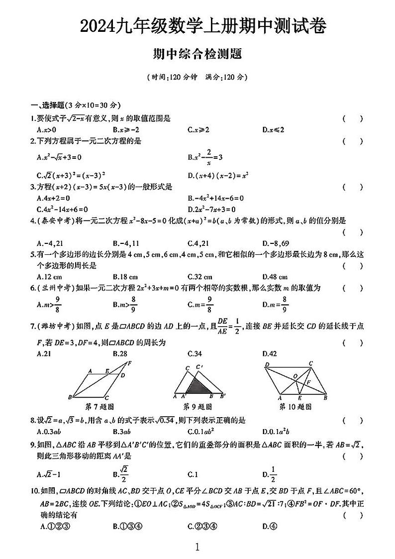 广西百色市乐业县2024-2025学年九年级上学期期中考试数学试卷第1页