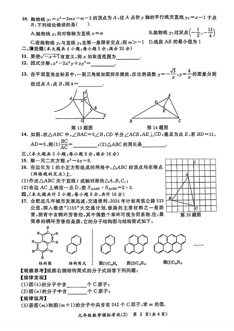 2024年安徽省合肥市新站区中考二模数学试题（含答案）第2页