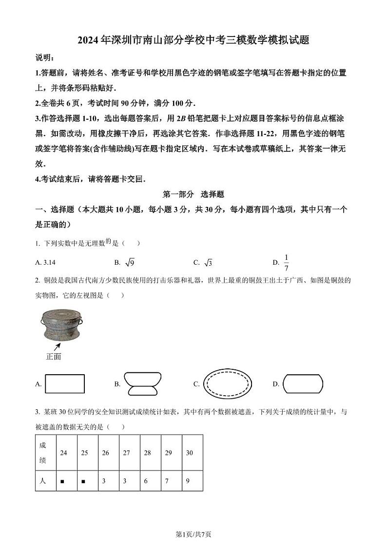 2024年广东省深圳市南山部分学校中考三模数学试题（原卷版+解析版）第1页