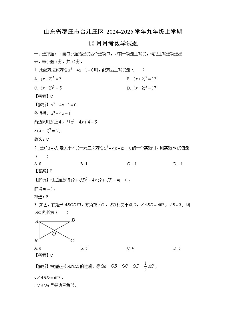 2024-2025学年山东省枣庄市台儿庄区九年级(上)10月月考数学试卷(解析版)第1页