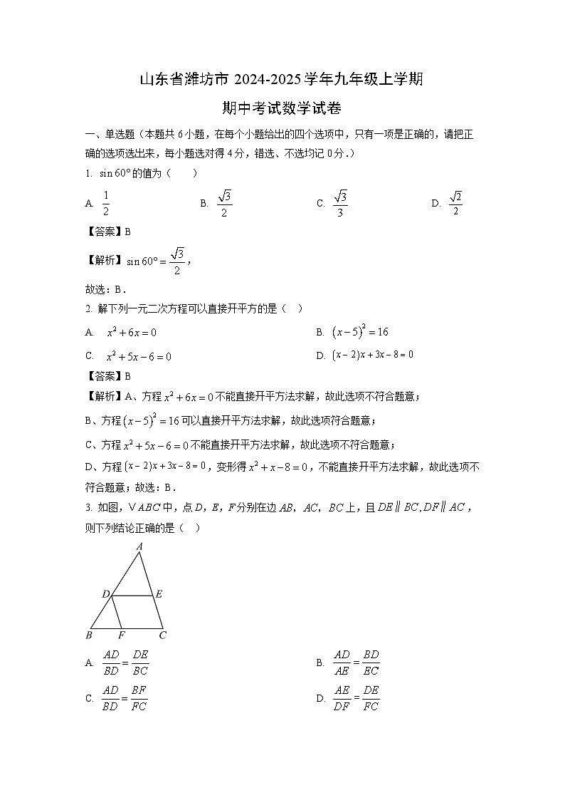 2024-2025学年山东省潍坊市九年级(上)期中数学试卷(解析版)第1页