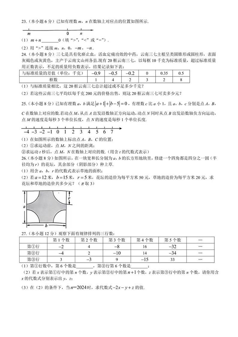 云南省昆明市寻甸回族彝族自治县第一中学2024～2025学年七年级(上)期中数学试卷(含答案)第3页