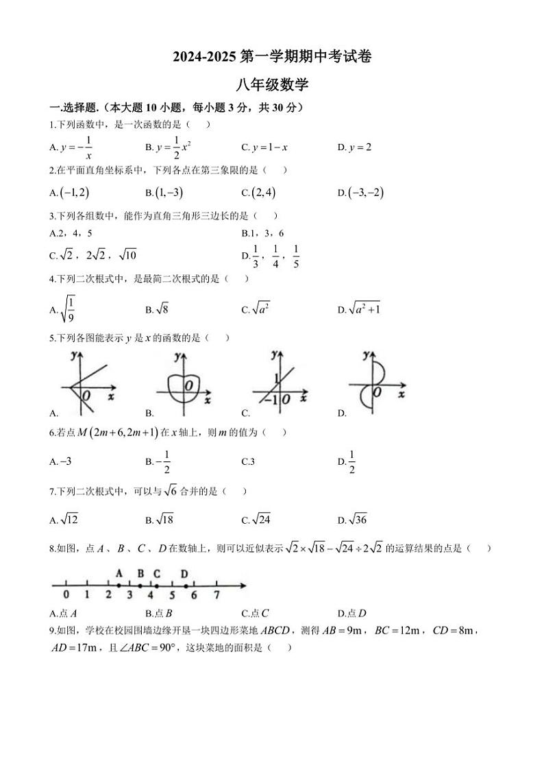 广东省河源市龙川县实验中学2024—2025学年八年级(上)第一次月考数学试卷(含答案)第1页