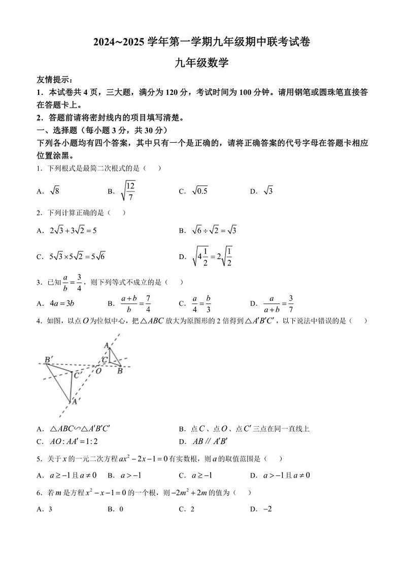 河南省洛阳市宜阳县2024～2025学年九年级(上)期中数学试卷(含答案)第1页