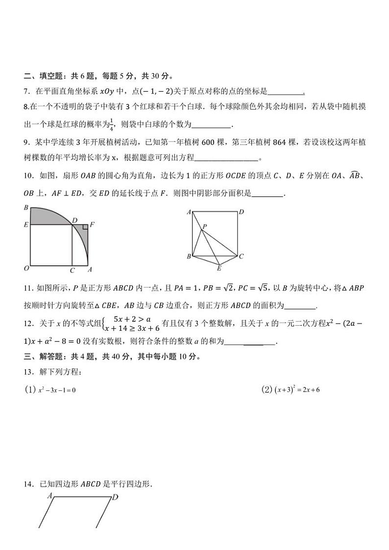 重庆市綦江区赶水中学2024—2025学年九年级上册数学期末模拟试卷(含答案)第2页