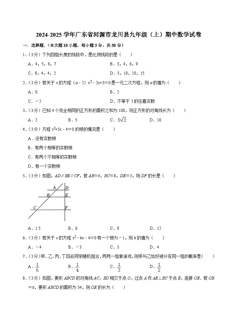 广东省河源市龙川县2024-2025学年九年级上学期期中数学试卷第1页