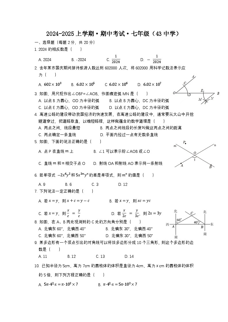 辽宁省沈阳市第四十三中学2024-2025学年七年级上学期数学期中考试卷第1页