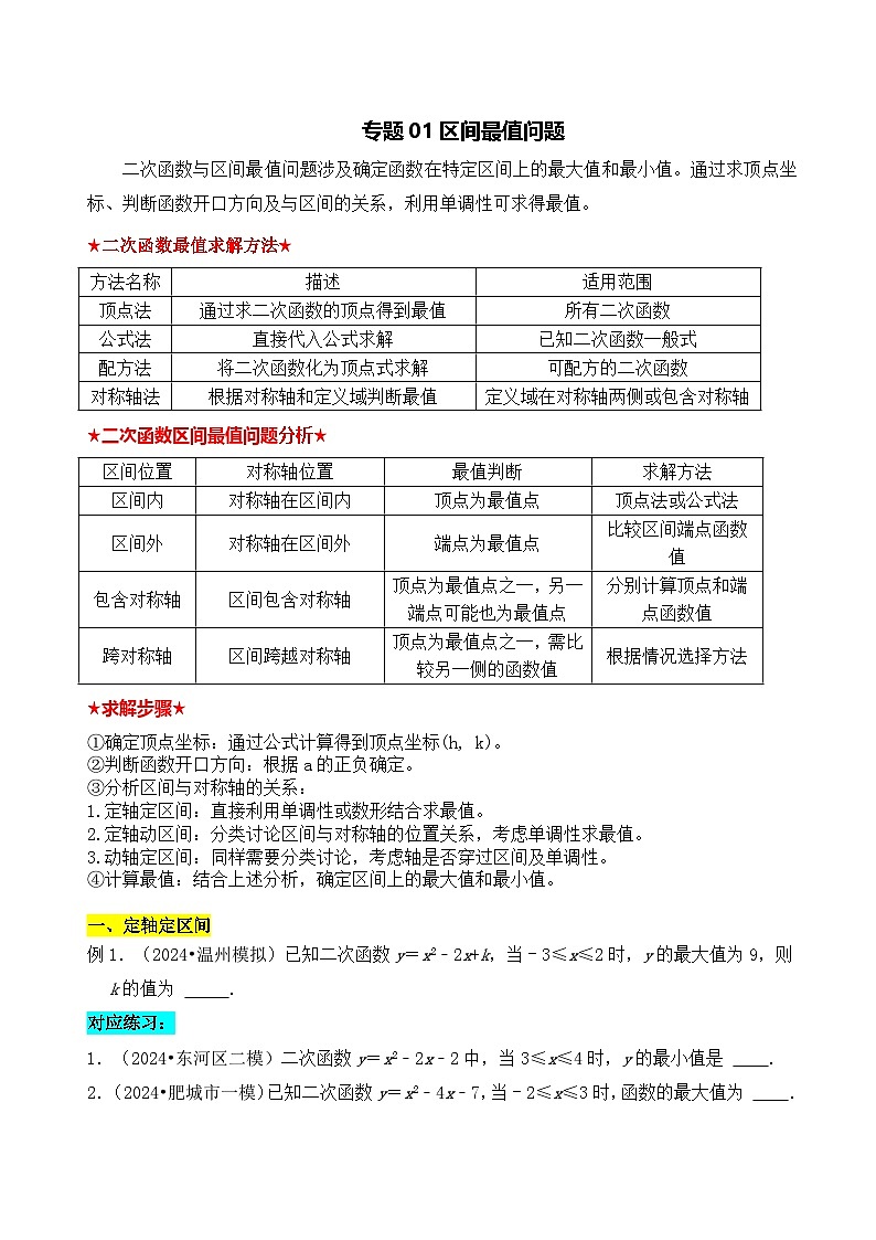 全国通用  中考数学 二次函数压轴题专题练习 01区间最值问题（不含答案版）第1页