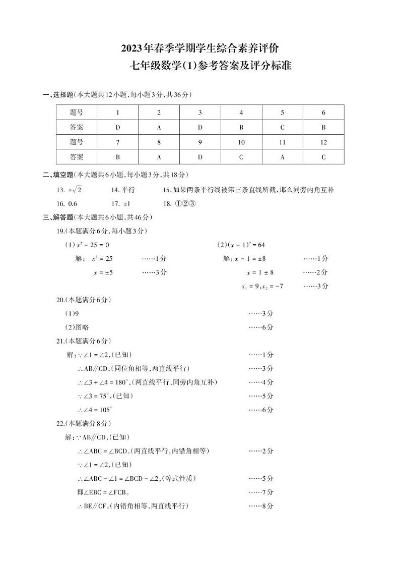 云南省昭通市昭阳区2022-2023学年下学期七年级月考（1）数学试卷及参考答案01