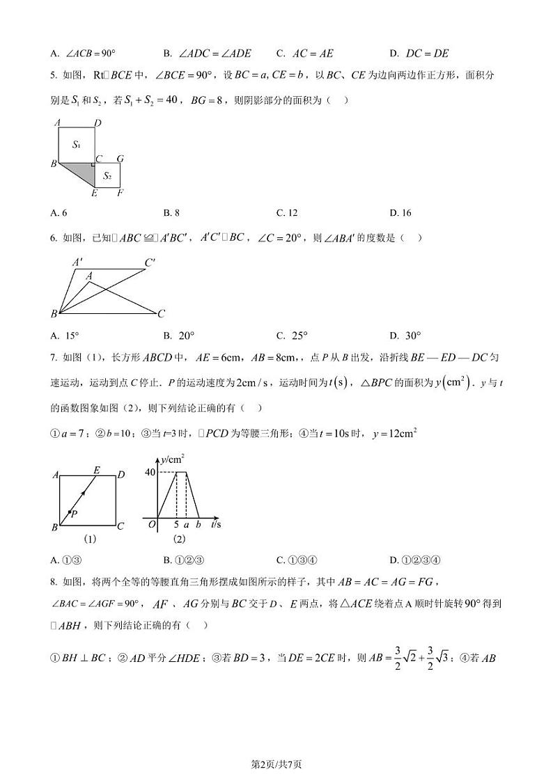 广东省深圳市深圳大学附属中学2023-2024学年七年级下学期期末数学试题（原卷版+解析版）第2页