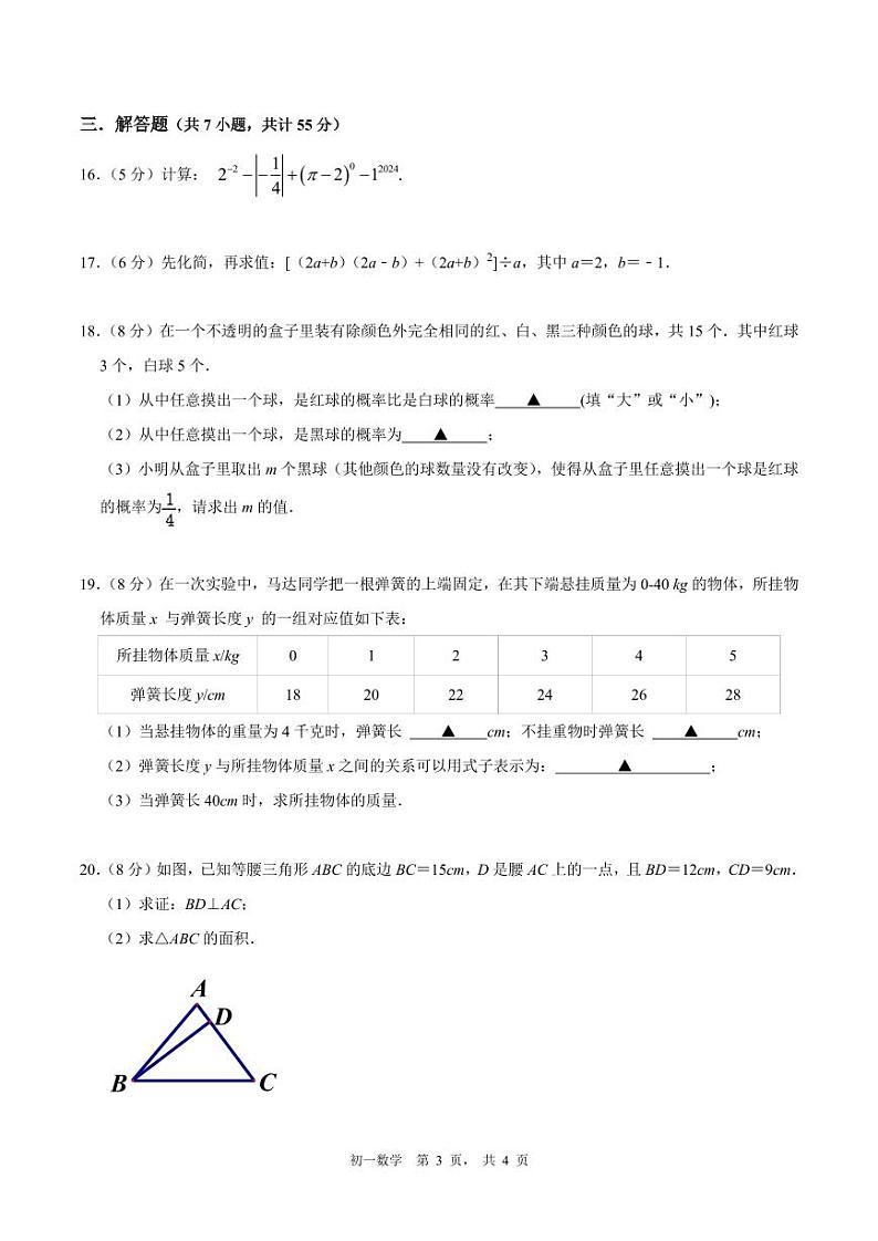 广东省深圳市深圳高级中学2023-2024学年七年级下学期期末考试数学试卷（含答案）第3页