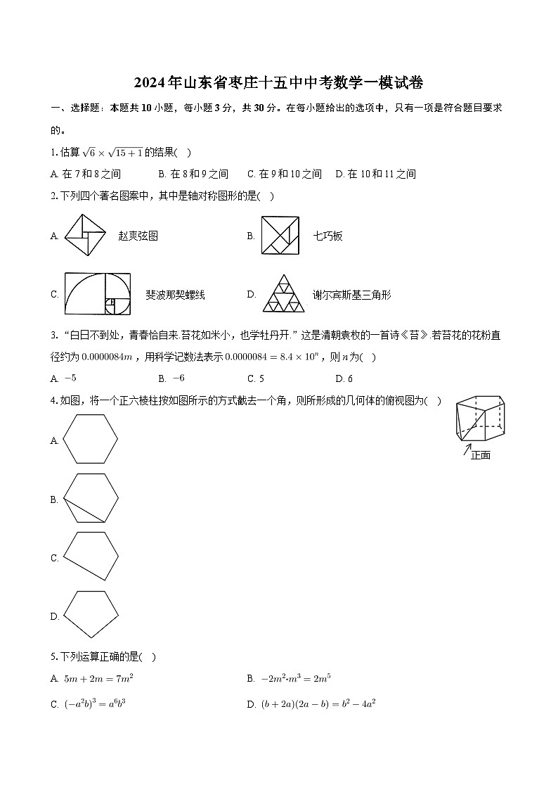 2024年山东省枣庄市第十五中学中考数学一模试卷第1页