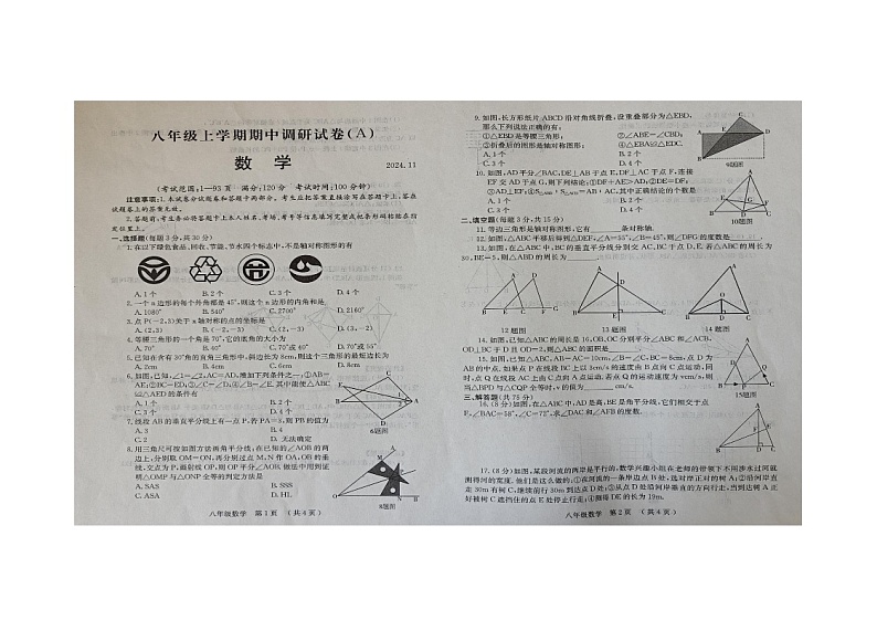 河南省安阳市滑县师达学校2024-2025学年八年级上学期数学期中试卷第1页