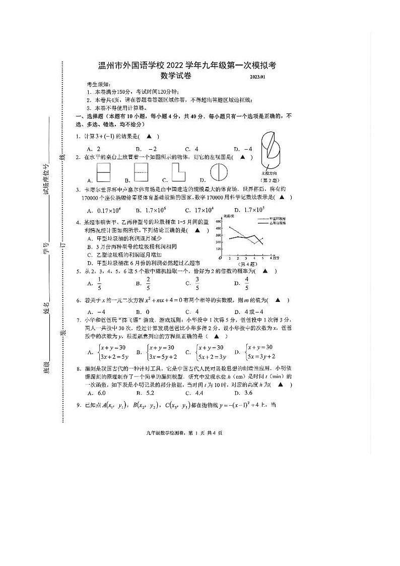 2022年浙江省温州市外国语学校九年级第一次中考模拟考试数学试题（含答案）第1页