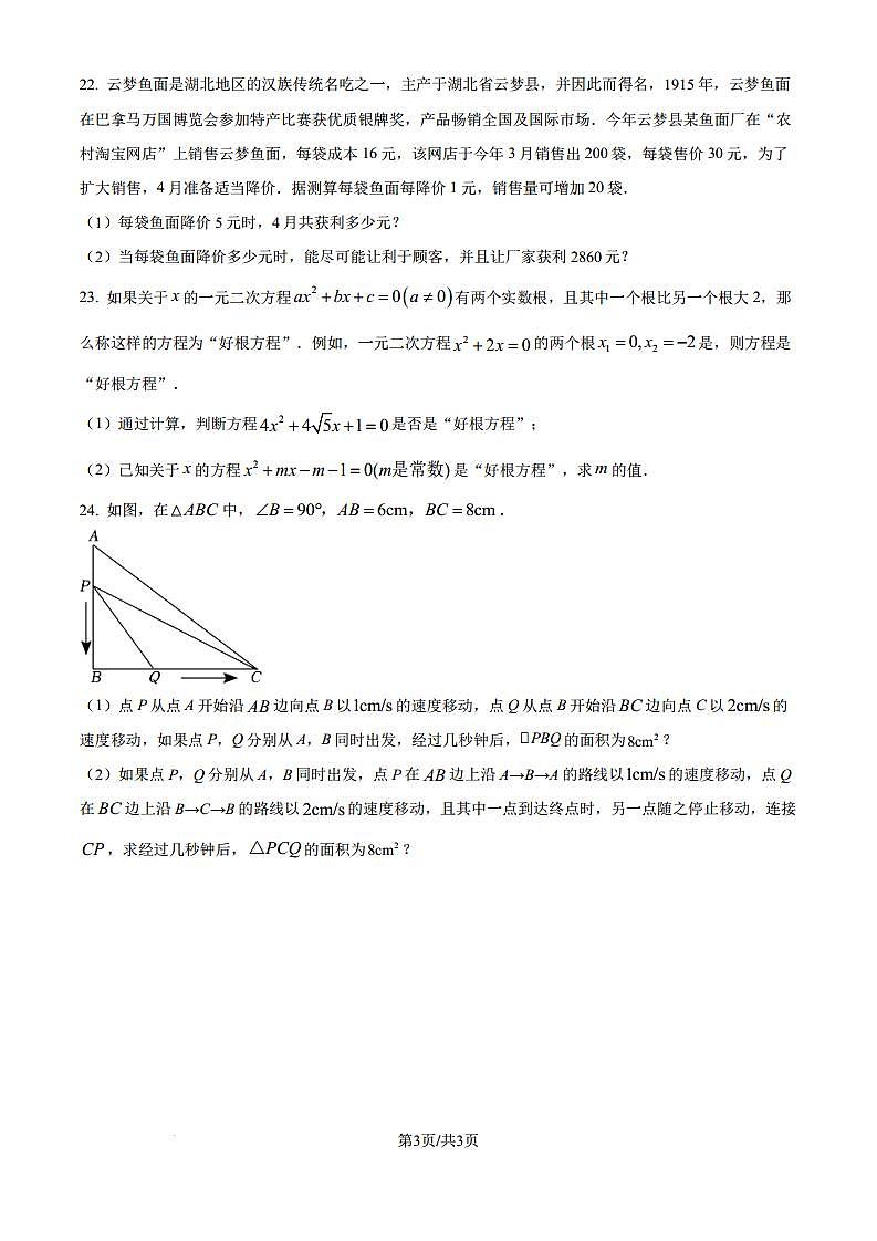 湖北武汉黄陂区七校联盟2024年九年级上学期10月月考数学试题（原卷版解析版）第3页