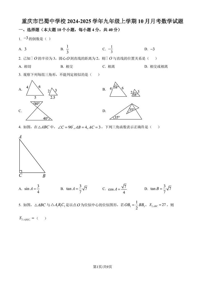 重庆市巴蜀中学校2024-2025学年九年级上学期10月月考数学试题（原卷版+解析版）第1页