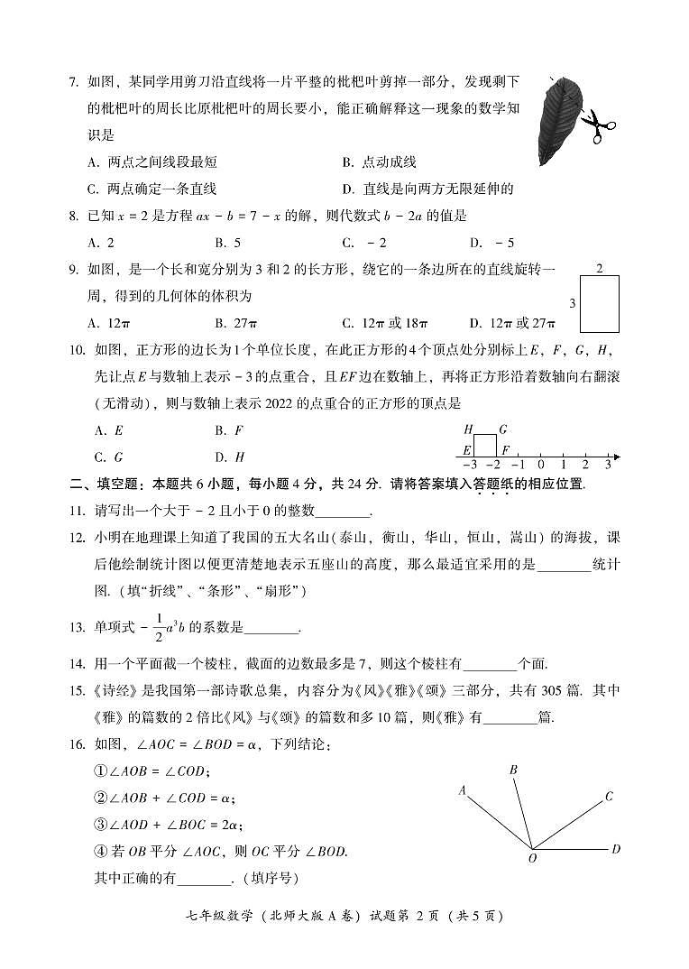 福建省漳州市2022-2023学年七年级上学期期末教学质量检测（北师大版A卷）数学试题第2页
