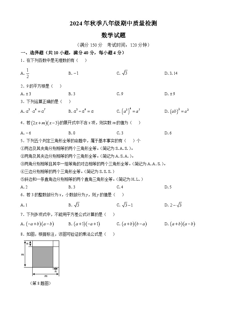 福建省晋江市第一中学六校2024-2025学年八年级上学期期中联考数学试题第1页