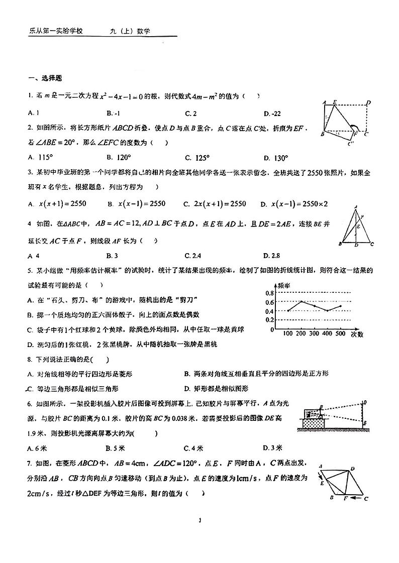 广东省佛山市顺德区乐从第一实验学校2024-2025学年九年级上学期期中考试数学试卷第1页