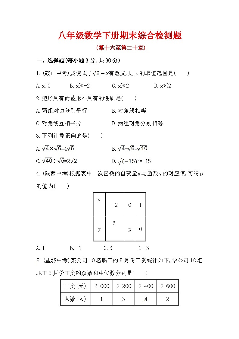 人教版八年级数学下册期末综合检测题（含答案）第1页