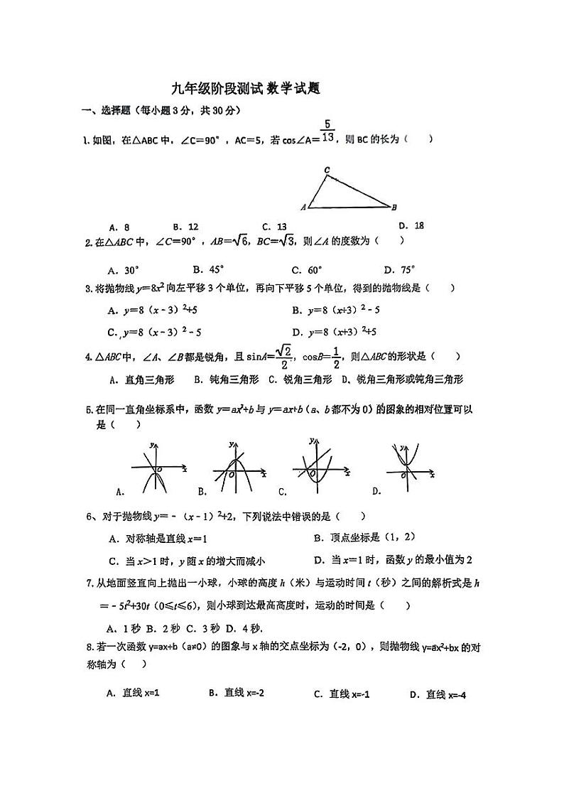 2024年广东省梅州市梅县区部分学校九年级阶段测试数学试题（中考一模）第1页
