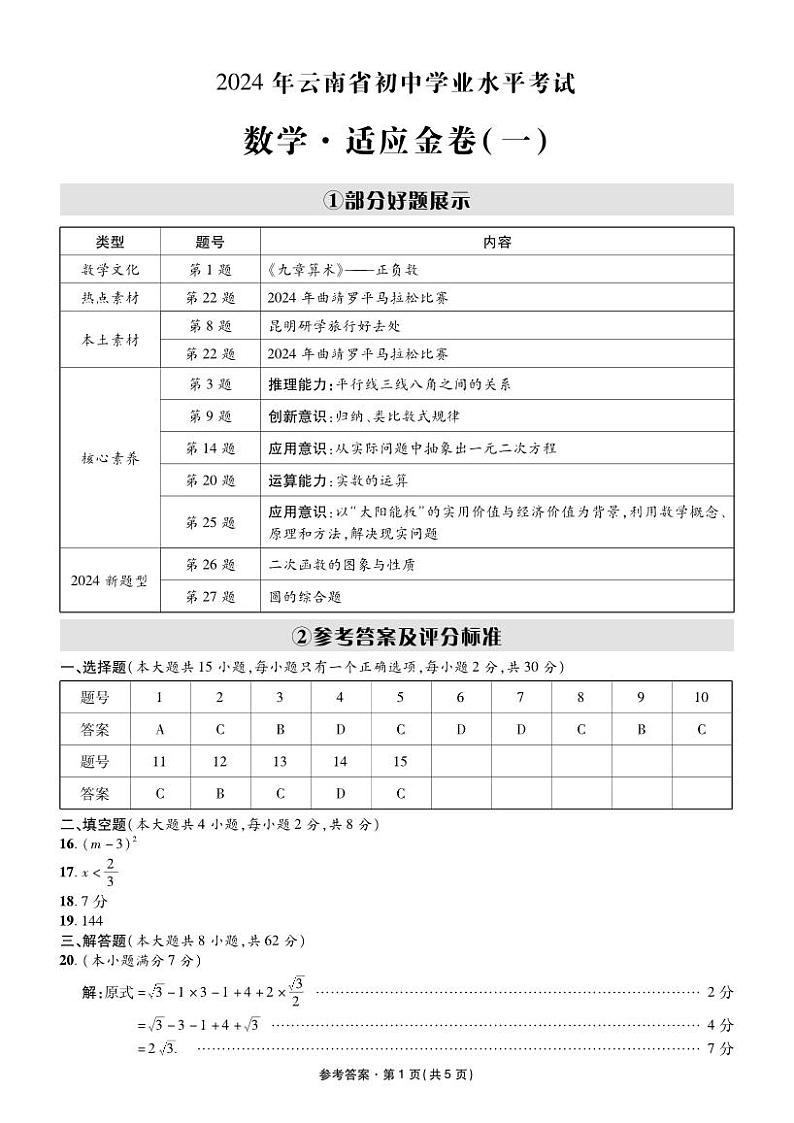 云南省昭通市巧家县2023-2024学年九年级下学期4月月考数学试题答案第1页
