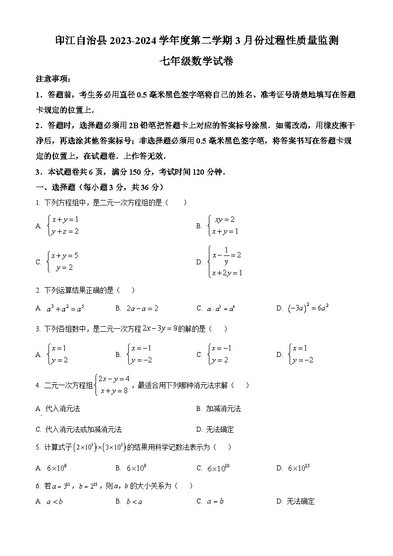 贵州省铜仁市印江土家族苗族自治县2023-2024学年七年级下学期3月月考数学试题（原卷版）第1页